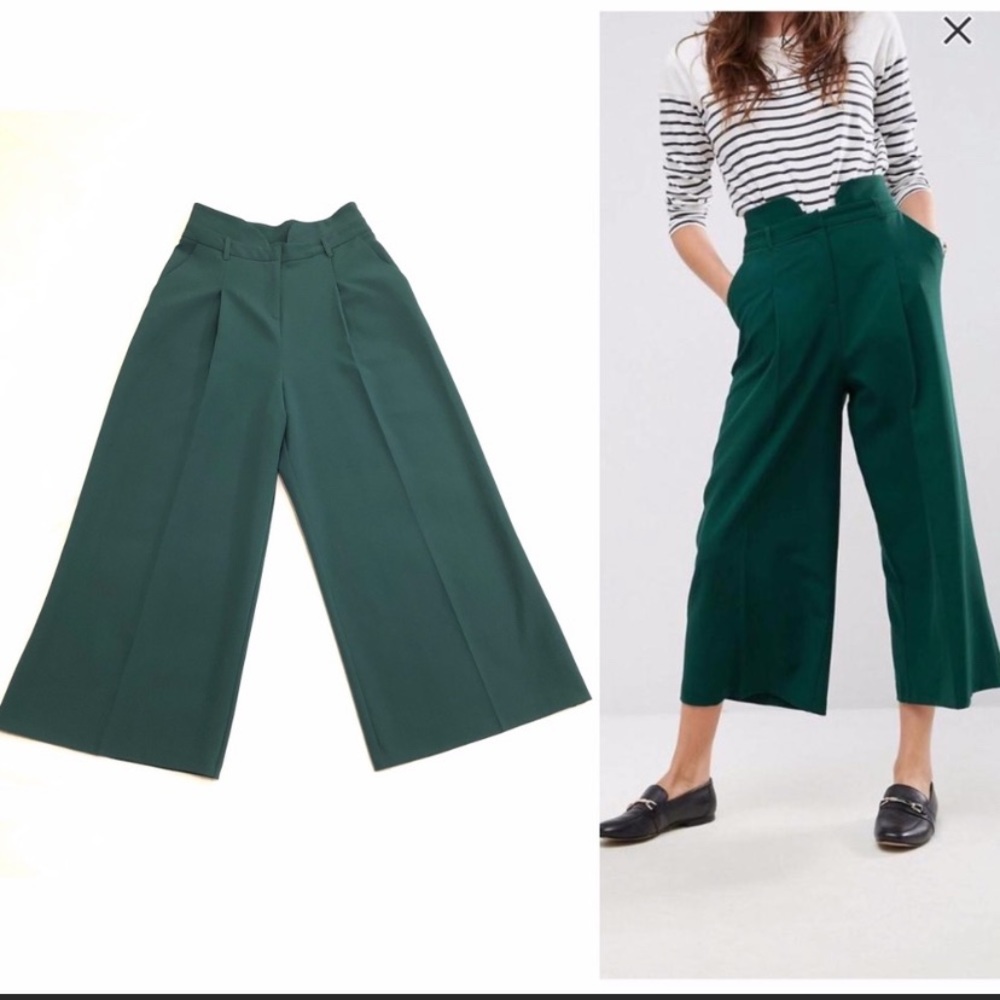 ASOS wide leg high waisted cropped trousers GREEN